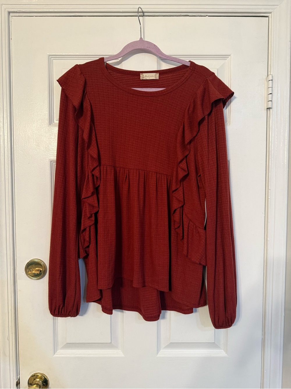 Altar'd State Rust Red Ruffle Peplum Long Sleeve Top